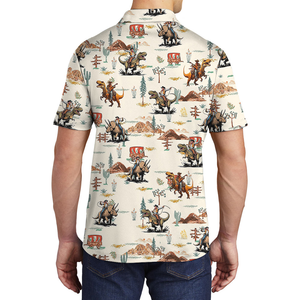 Western Cowboy Riding Dinosaur Hawaiian Polo Shirt