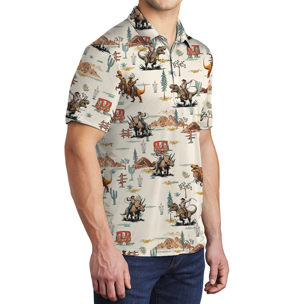 Western Cowboy Riding Dinosaur Hawaiian Polo Shirt