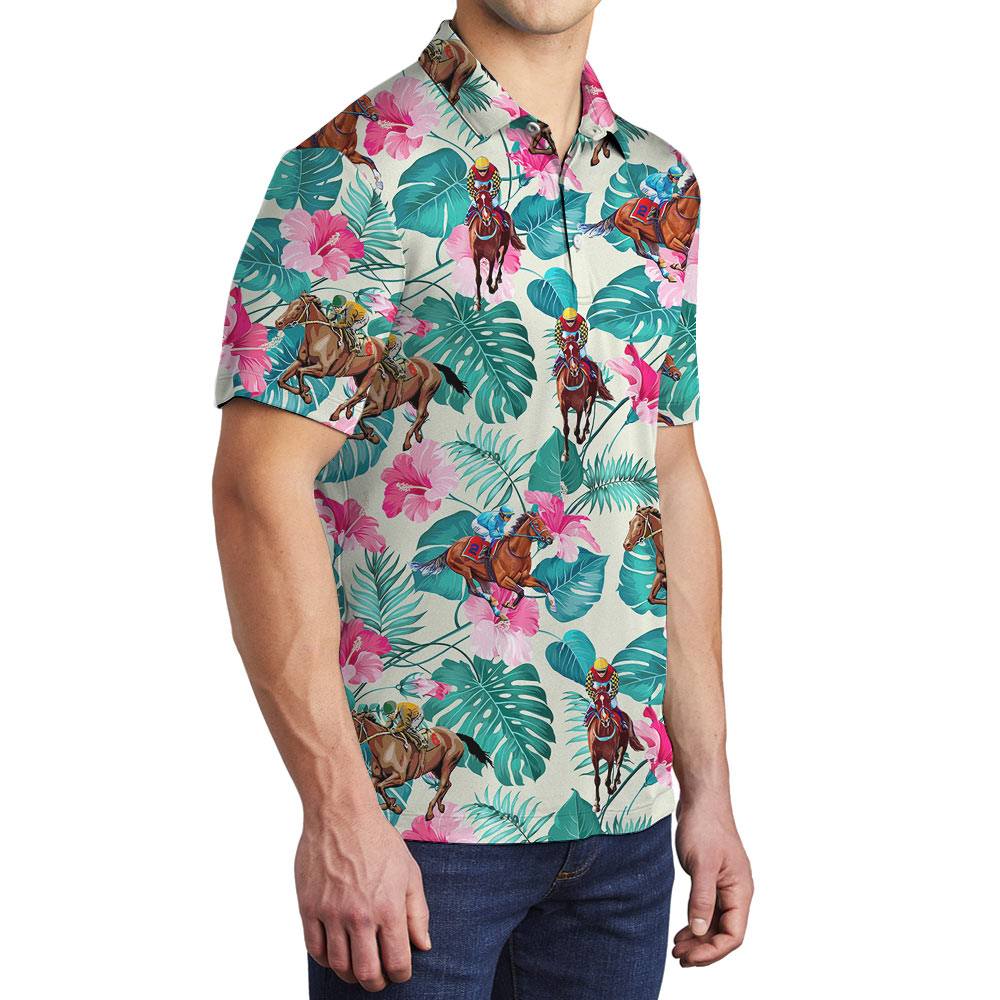 Racing Horse Tropical Hibiscus Hawaiian Polo Shirt