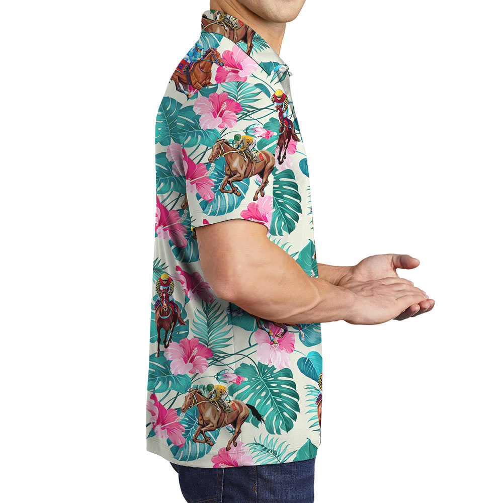Racing Horse Tropical Hibiscus Hawaiian Polo Shirt