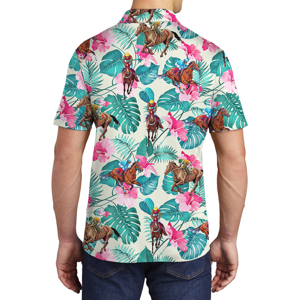 Racing Horse Tropical Hibiscus Hawaiian Polo Shirt