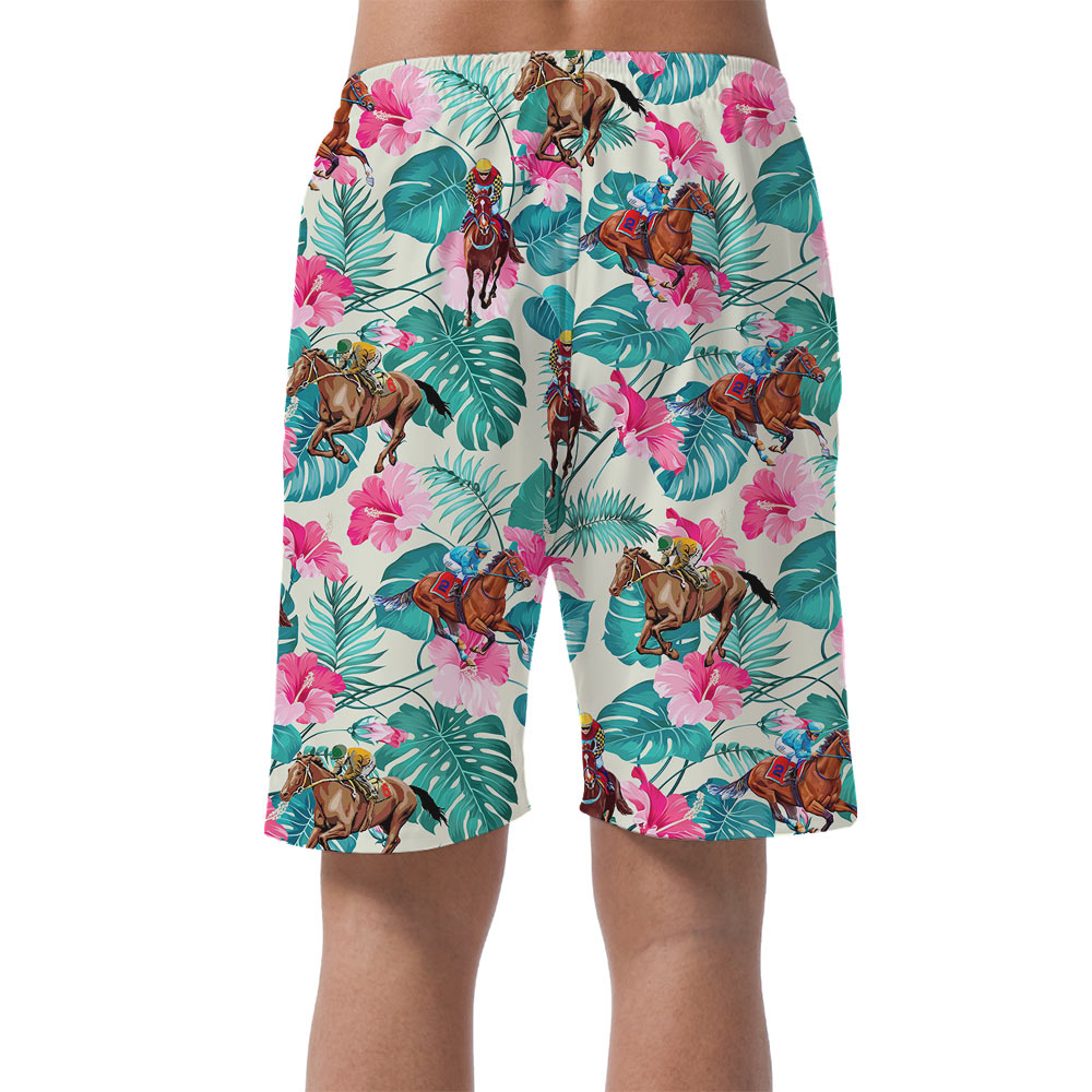 Floral Racing Horse Hawaiian Beach Shorts