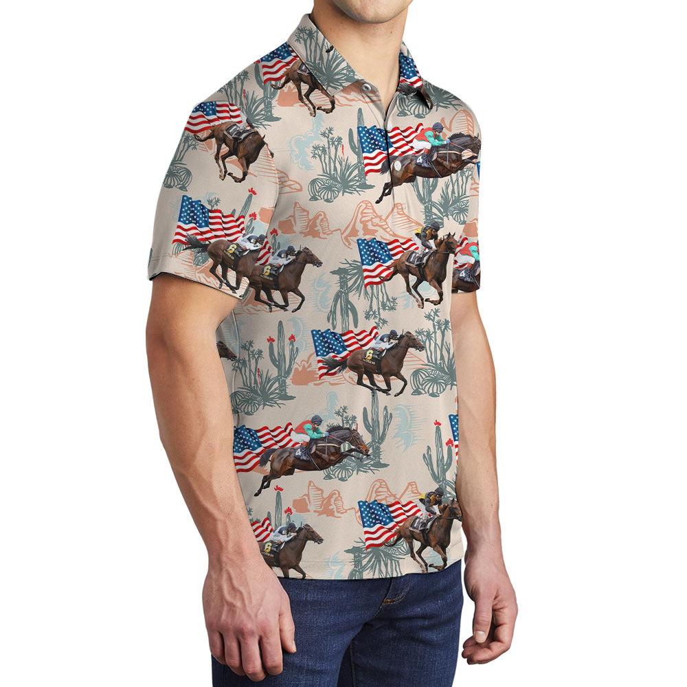 Racing Horse With American Flag Hawaiian Polo Shirt