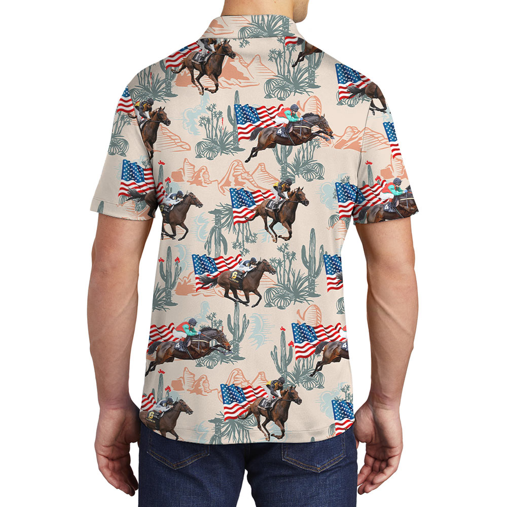 Racing Horse With American Flag Hawaiian Polo Shirt