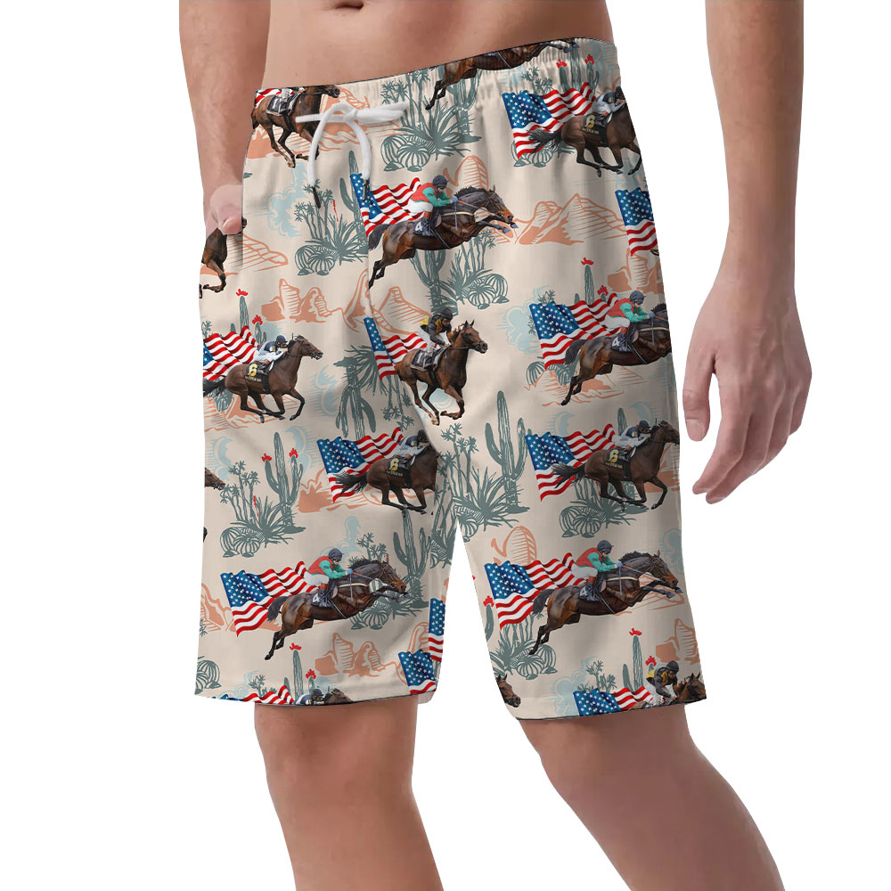 Racing Horse With American Flag Hawaiian Beach Shorts