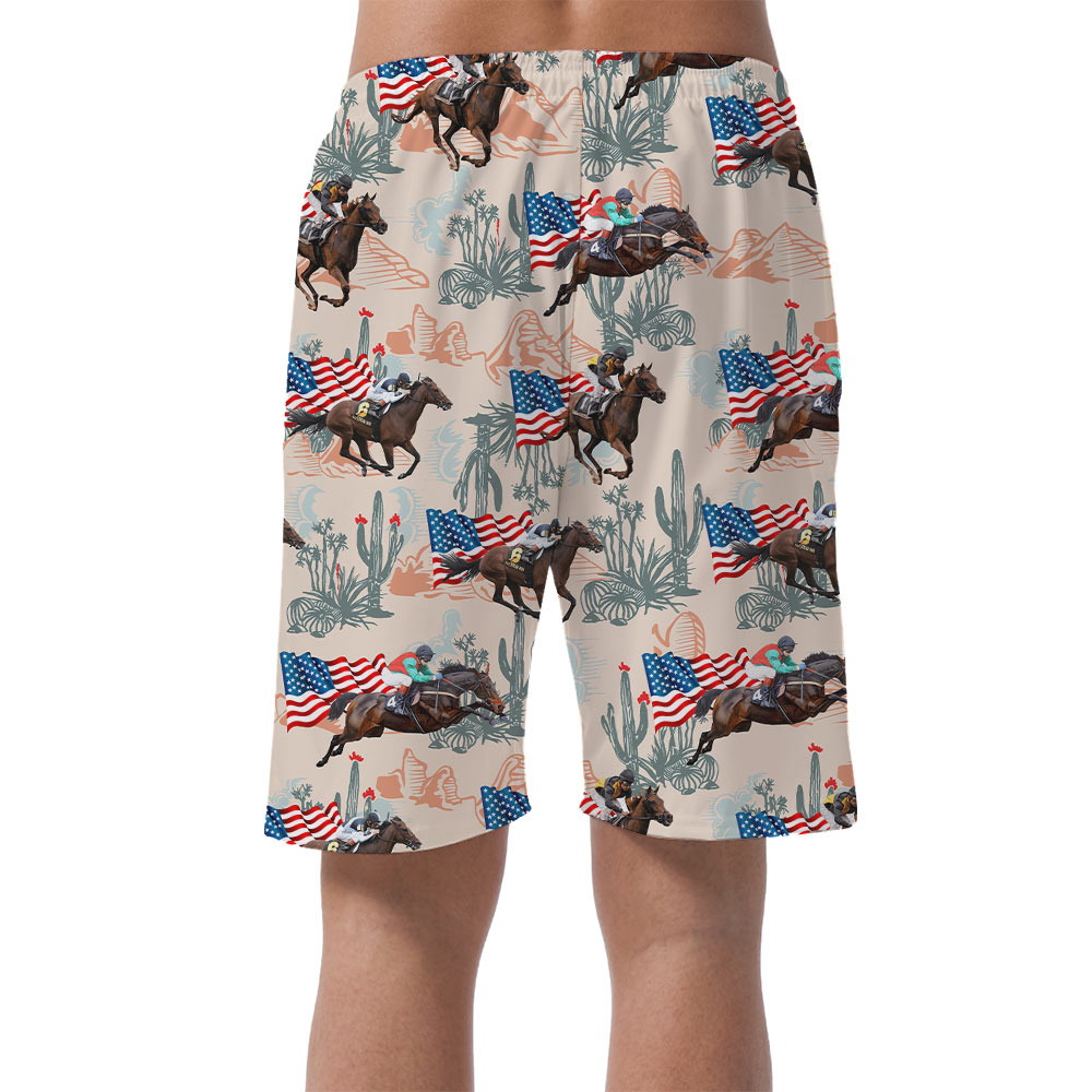 Racing Horse With American Flag Hawaiian Beach Shorts