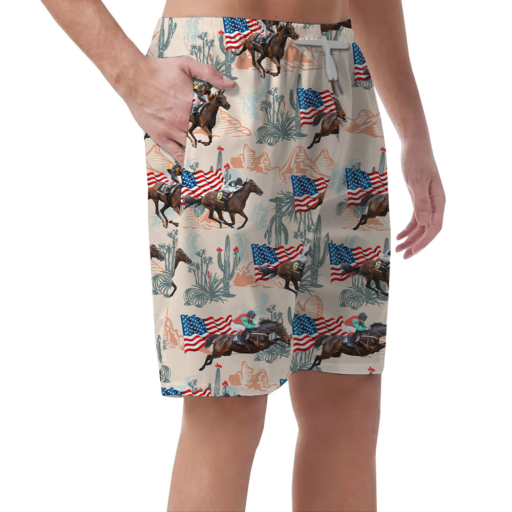 Racing Horse With American Flag Hawaiian Beach Shorts