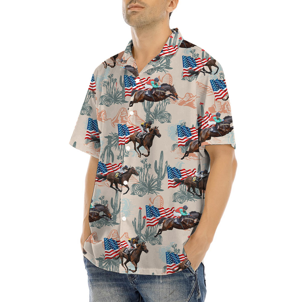 American Flag Racing Horse Hawaiian Shirt