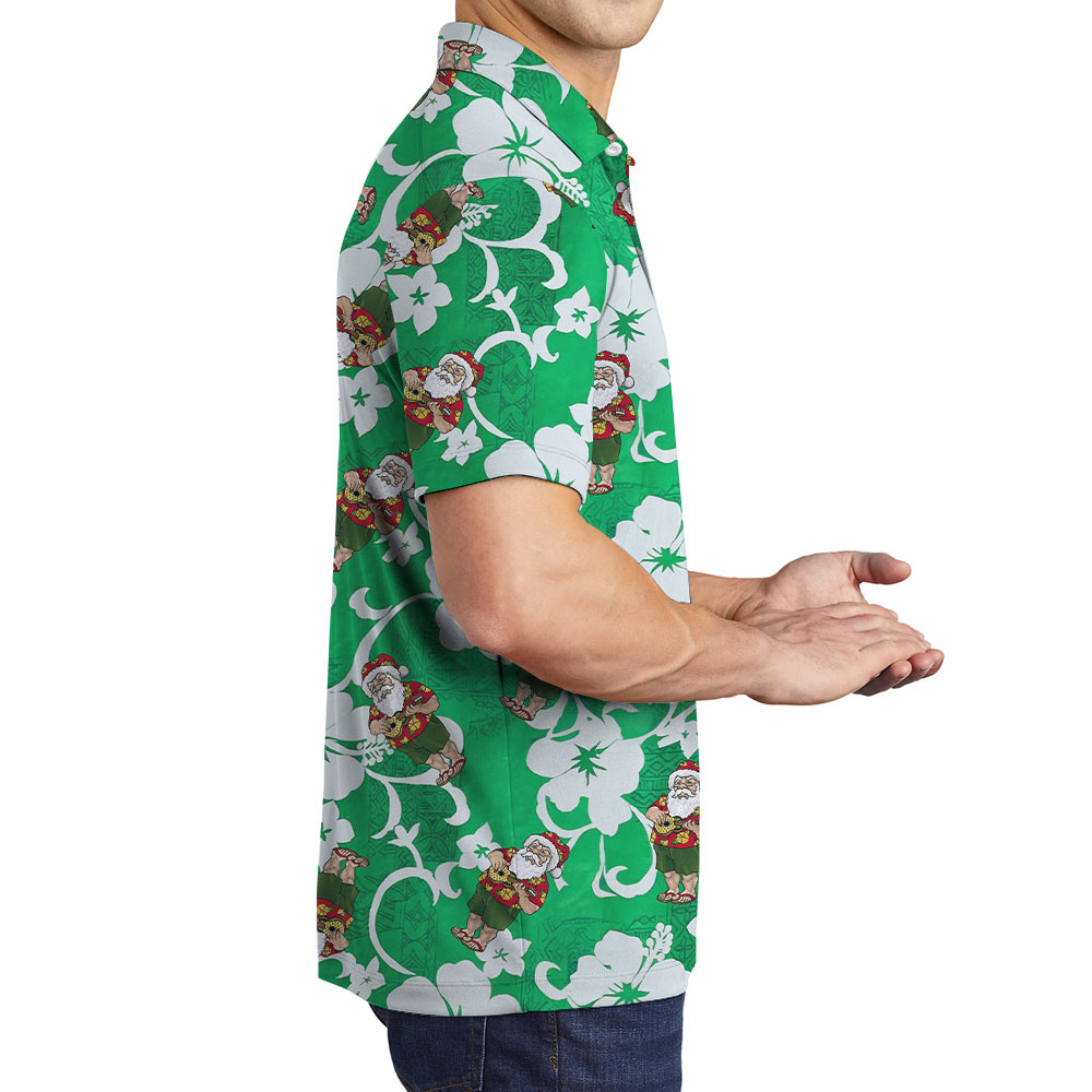 Classic Santa Playing Ukulele Hibiscus Green Polo Shirt