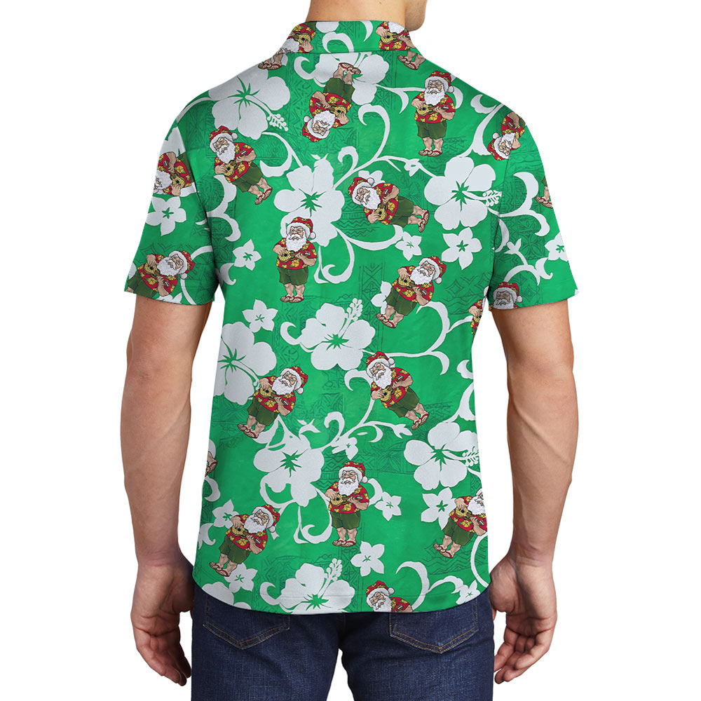 Classic Santa Playing Ukulele Hibiscus Green Polo Shirt