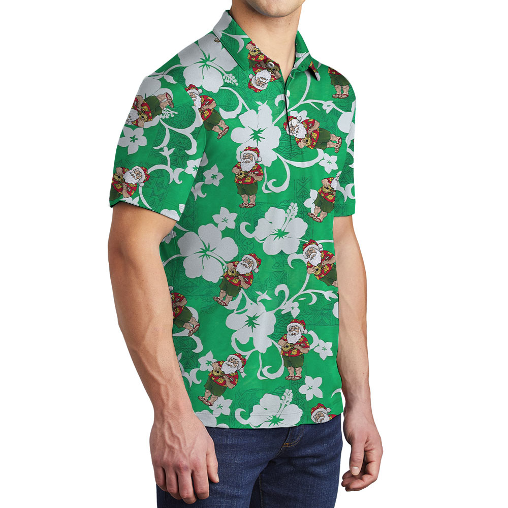 Classic Santa Playing Ukulele Hibiscus Green Polo Shirt