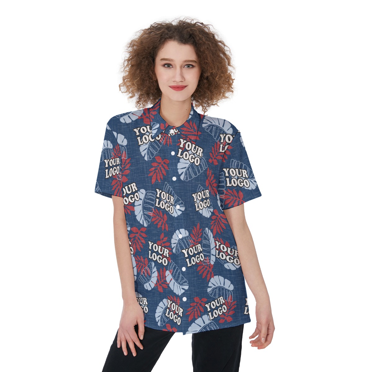 Custom Logo Navy Women's Hawaiian Shirt - variant image 1