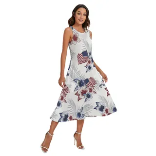 American Flag Floral Long Dress With Pocket