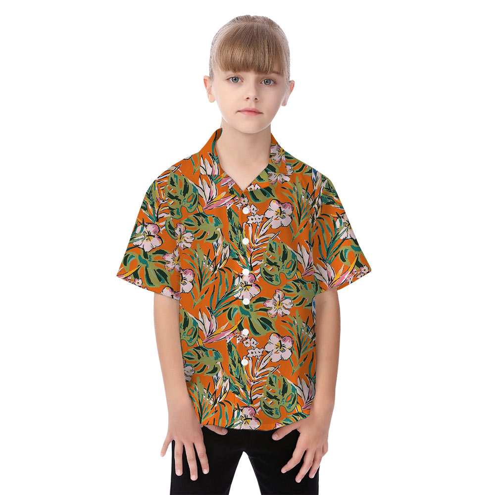 Floral Orange Matching Hawaiian Shirts For Family