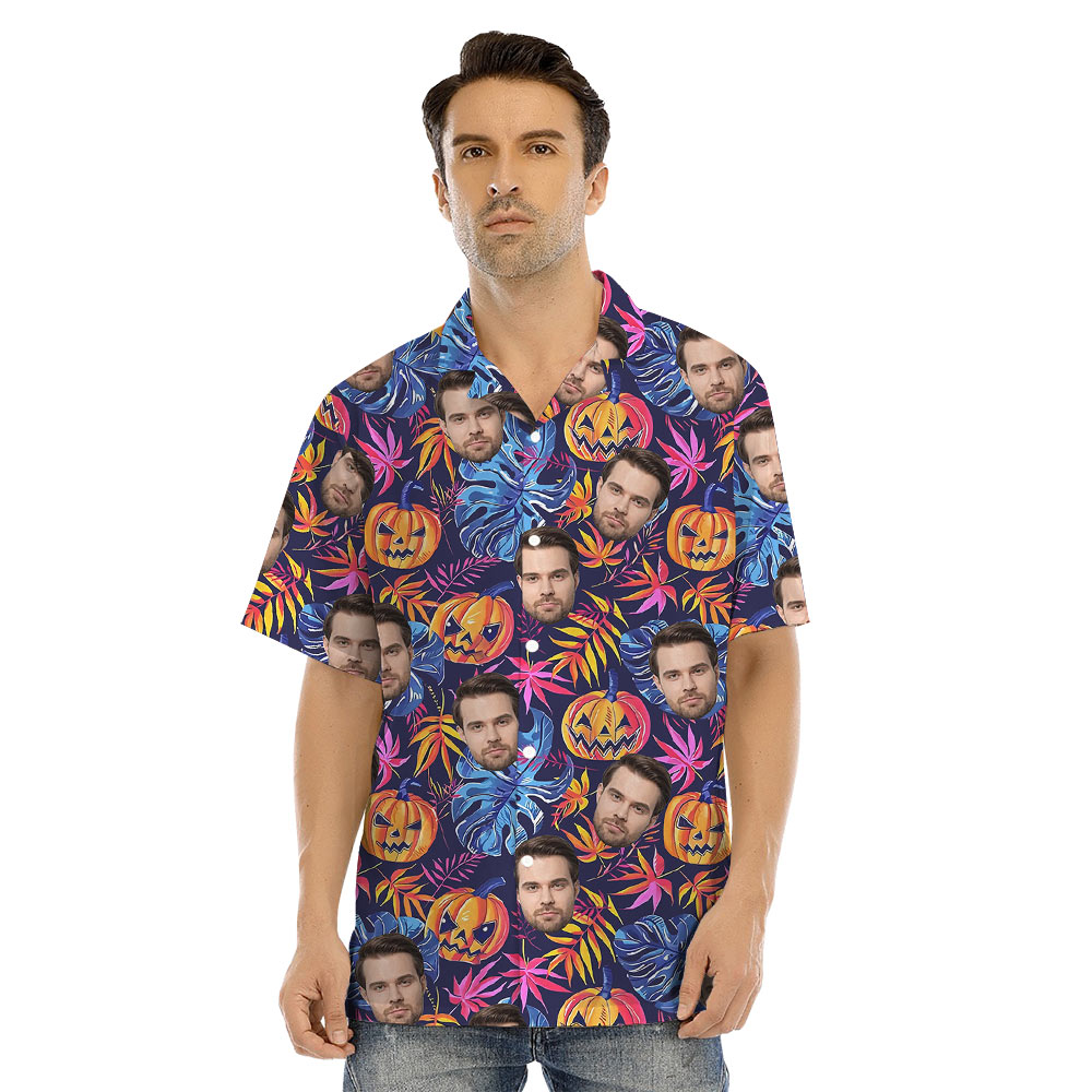 Custom Face Halloween Pumpkin Matching Hawaiian Outfits For Family
