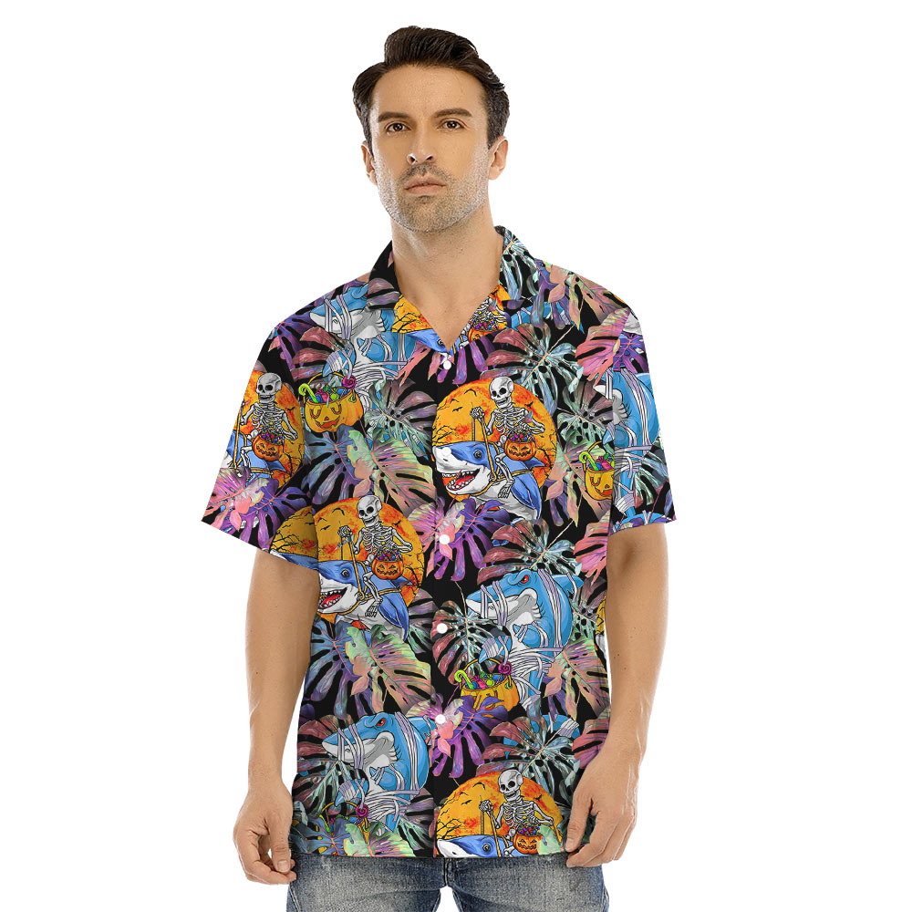 Shark Skeleton Horror Halloween Matching Hawaiian Outfits For Family