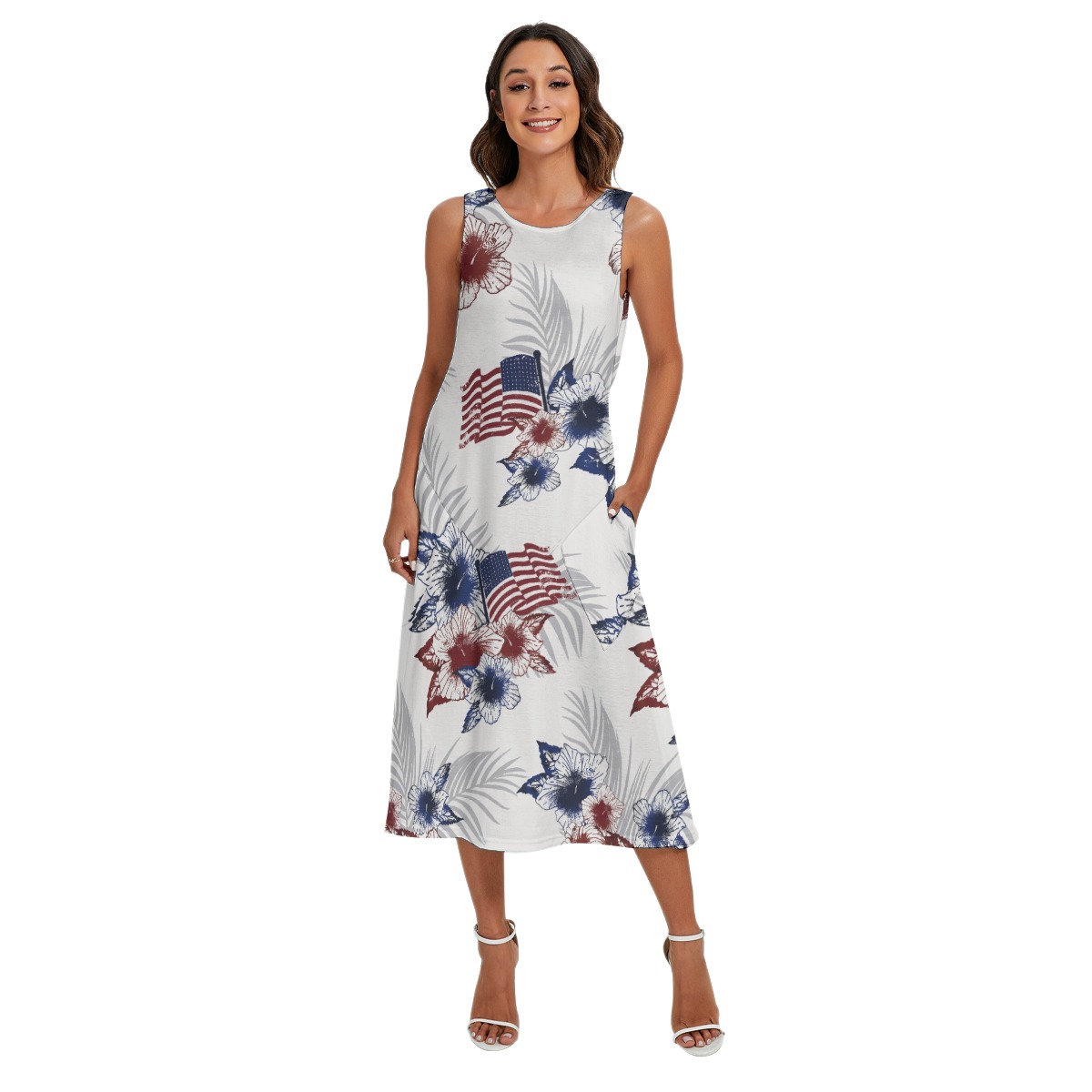 American Flag Floral Long Dress With Pocket