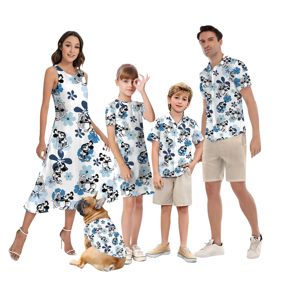 Steamboat Willie Mickey Blue Floral Matching Family Hawaiian Outfits - variant image 1