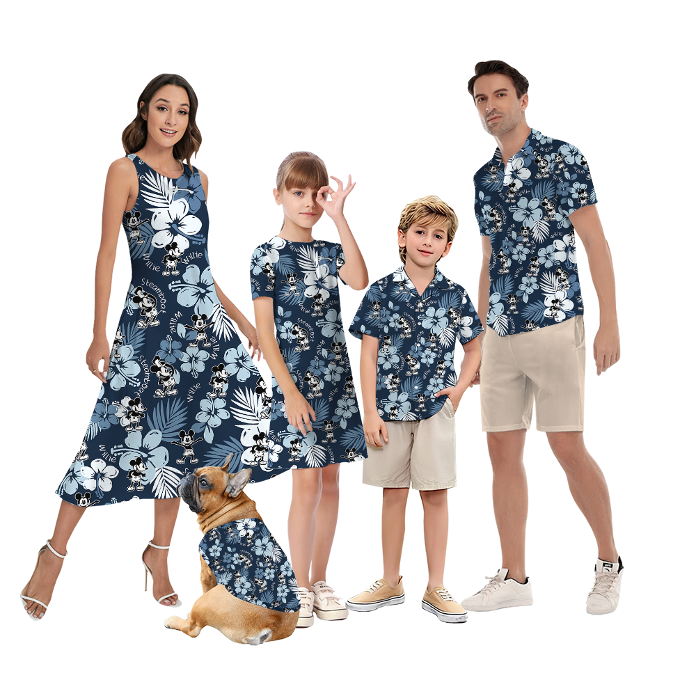 Steamboat Willie 1928 Mickey Vintage Floral Navy Matching Family Hawaiian Shirt - variant image 1