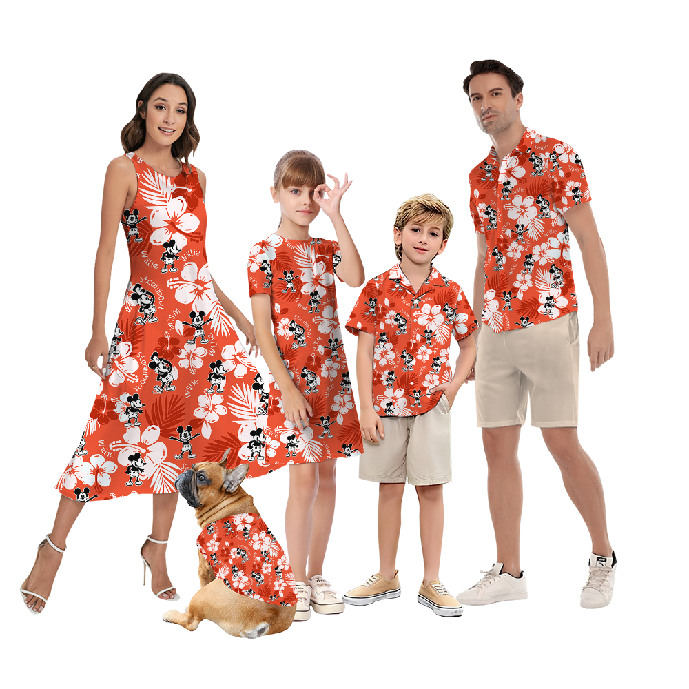 Cute Mickey Steamboat Willie Floral Orange Matching Hawaiian Outfits For Family - variant image 1