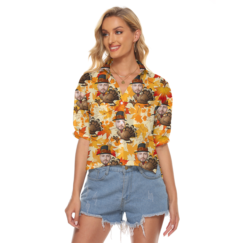 Custom Face Turkey Thanksgiving Hawaiian Crop Top Shirt - variant image 1