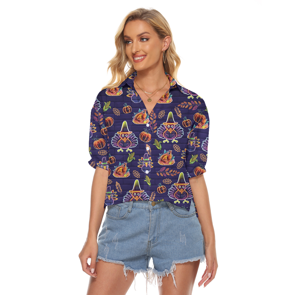 Neon Turkey Thanksgiving Hawaiian Crop Top Shirt - variant image 1