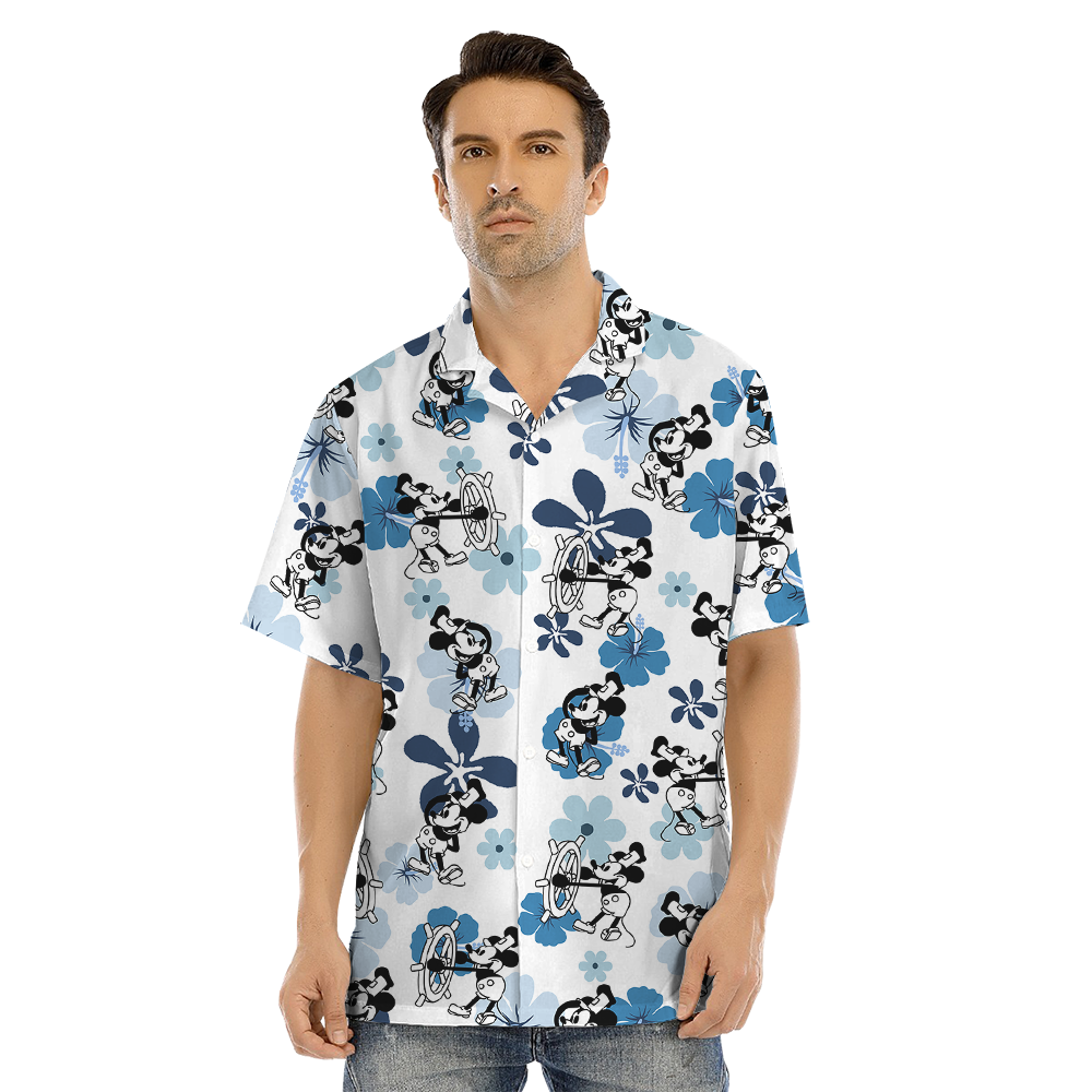 Steamboat Willie Mickey Blue Floral Matching Family Hawaiian Outfits