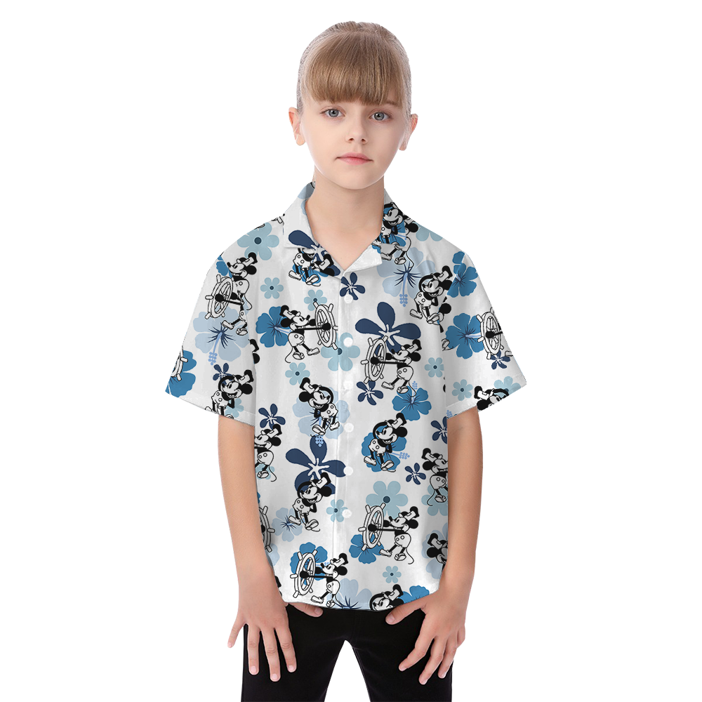 Steamboat Willie Mickey Blue Floral Matching Family Hawaiian Outfits