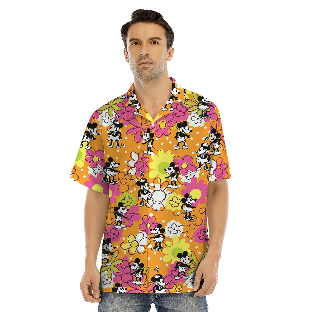 Colorful Floral Steamboat Willie Mickey Family Matching Hawaiian Outfits