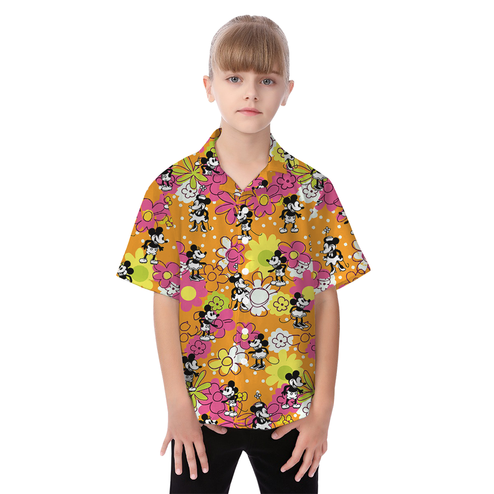 Colorful Floral Steamboat Willie Mickey Family Matching Hawaiian Outfits