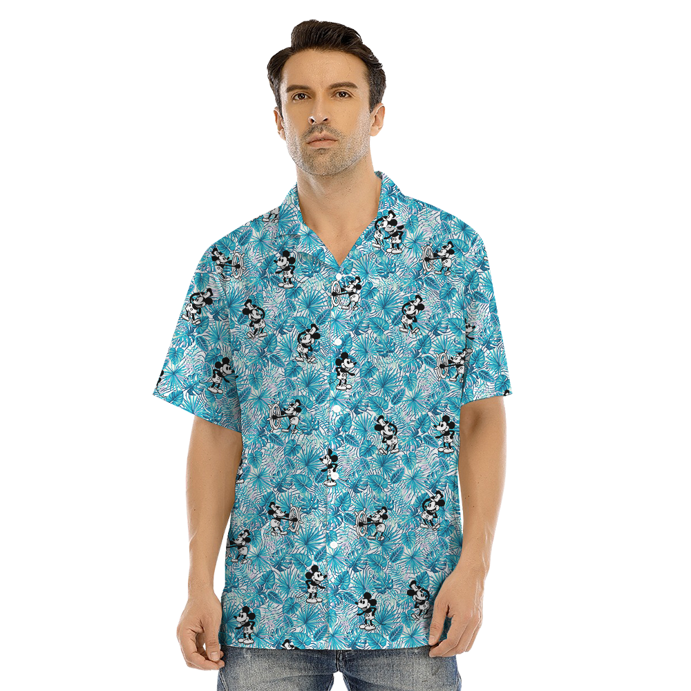 Steamboat Willie Mickey Blue Tropical Matching Hawaiian Outfits For Family