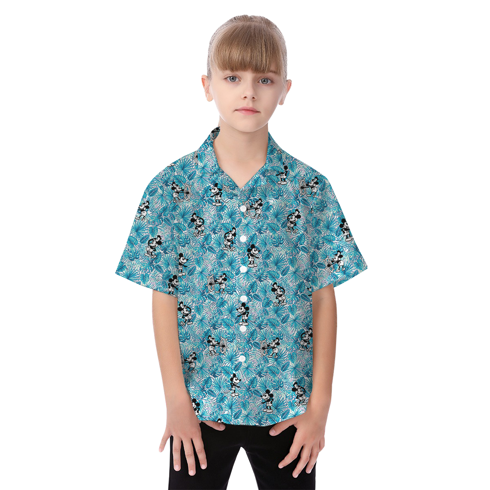 Steamboat Willie Mickey Blue Tropical Matching Hawaiian Outfits For Family