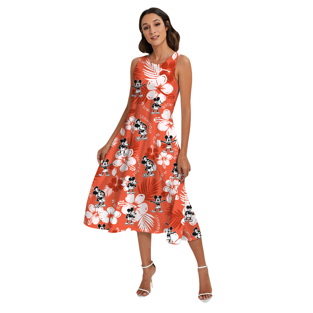 Cute Mickey Steamboat Willie Floral Orange Matching Hawaiian Outfits For Family
