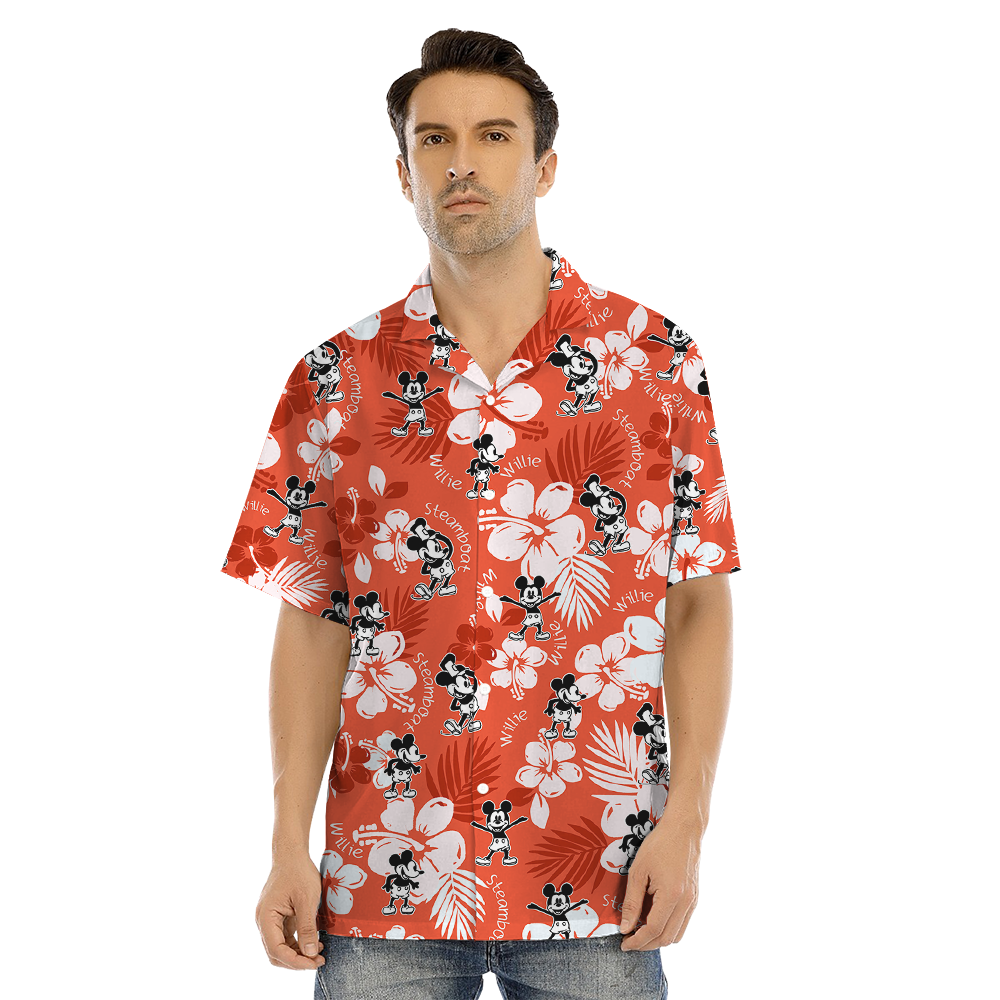 Cute Mickey Steamboat Willie Floral Orange Matching Hawaiian Outfits For Family
