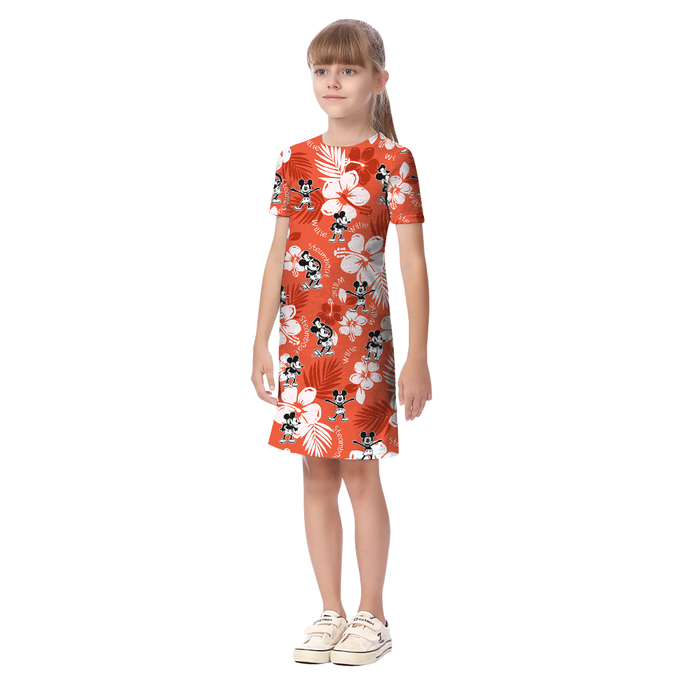 Cute Mickey Steamboat Willie Floral Orange Matching Hawaiian Outfits For Family
