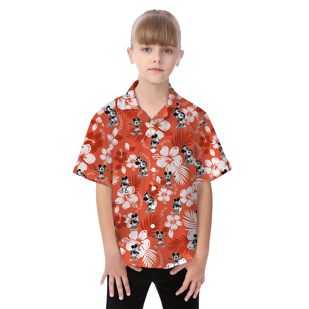 Cute Mickey Steamboat Willie Floral Orange Matching Hawaiian Outfits For Family