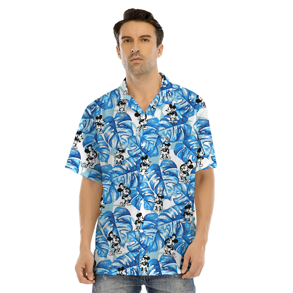 Blue Tropical Mickey Steamboat Willie Matching Family Hawaiian Outfits