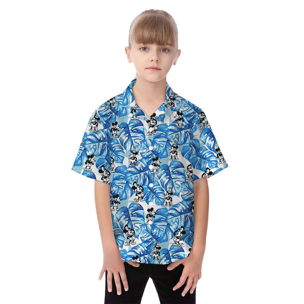 Blue Tropical Mickey Steamboat Willie Matching Family Hawaiian Outfits