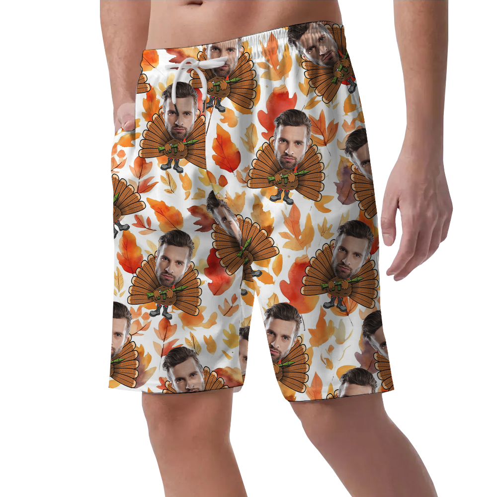 Funny Tactical Turkey Custom Face Thanksgiving Beach Shorts