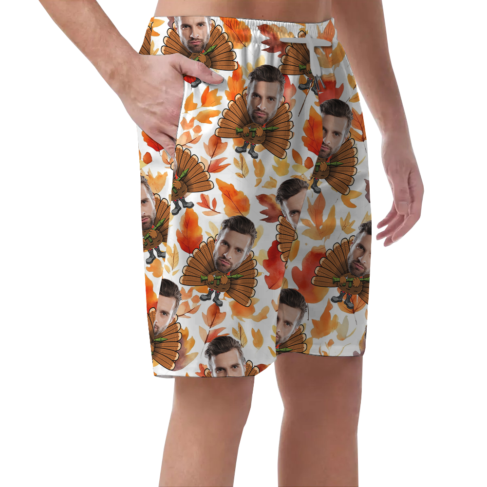 Funny Tactical Turkey Custom Face Thanksgiving Beach Shorts