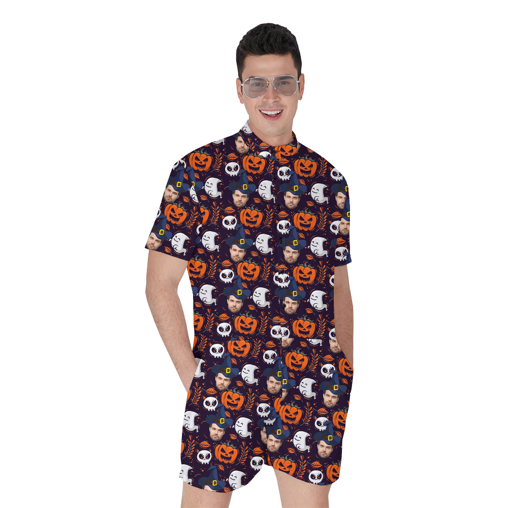 Custom Face Halloween Pumpkin Hawaiian Romper - variant image 1