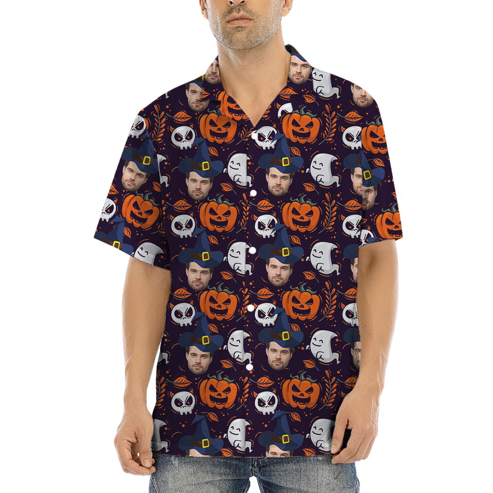 Custom Face Halloween Ghost Pumpkin Hawaiian Shirt - variant image 1