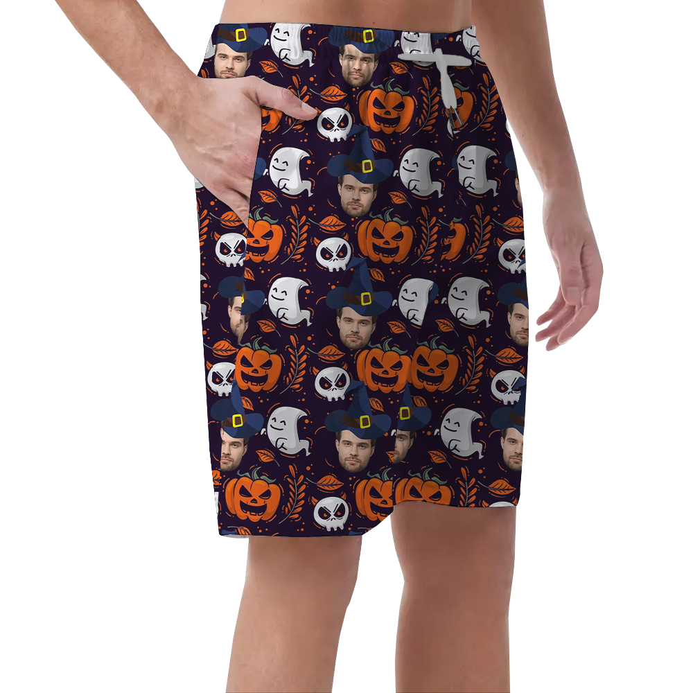 Custom Face With Witch Hat Halloween Beach Shorts