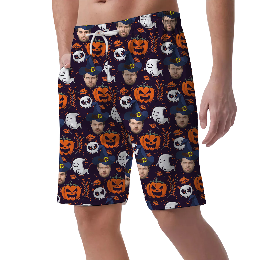 Custom Face With Witch Hat Halloween Beach Shorts