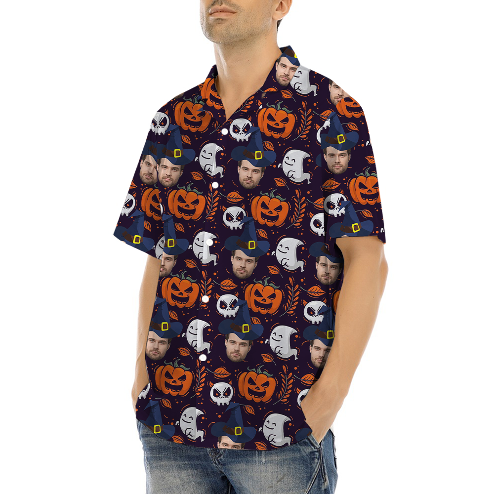 Custom Face Halloween Ghost Pumpkin Hawaiian Shirt