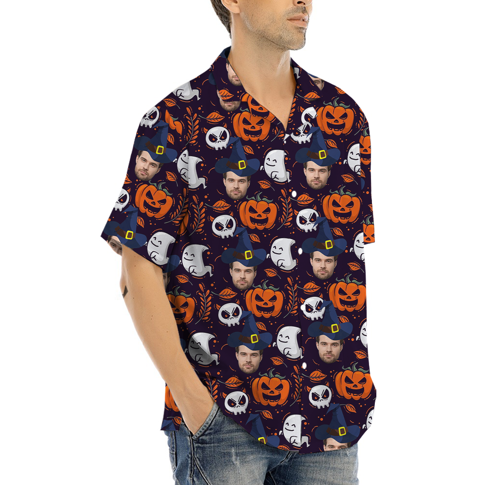 Custom Face Halloween Ghost Pumpkin Hawaiian Shirt