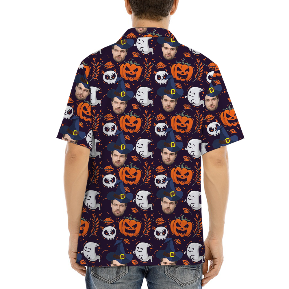 Custom Face Halloween Ghost Pumpkin Hawaiian Shirt