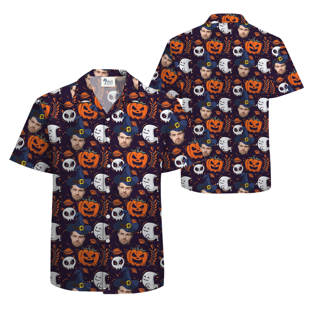 Custom Face Halloween Ghost Pumpkin Hawaiian Shirt