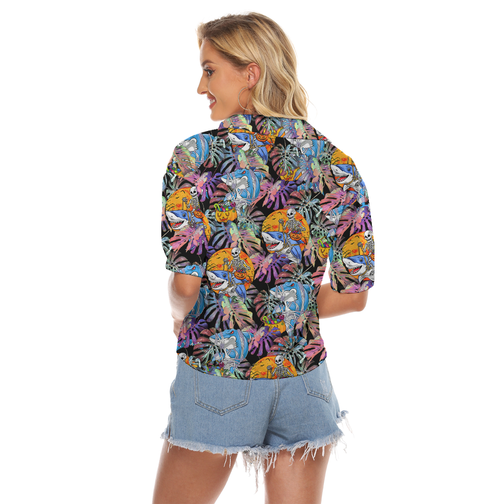 Halloween Shark Skeleton Tropical Hawaiian Cropped Shirt