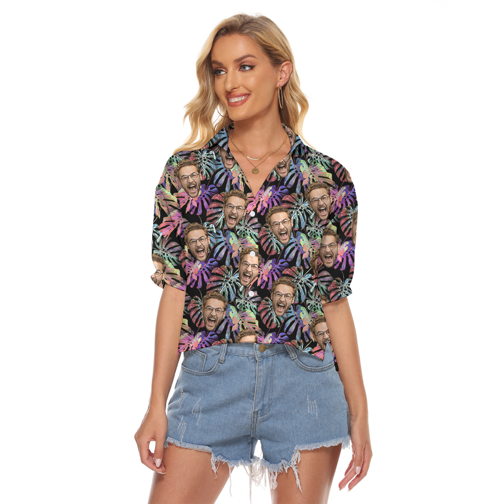 Purple Tropical Hawaiian Crop Top Shirt With Custom Face - variant image 1